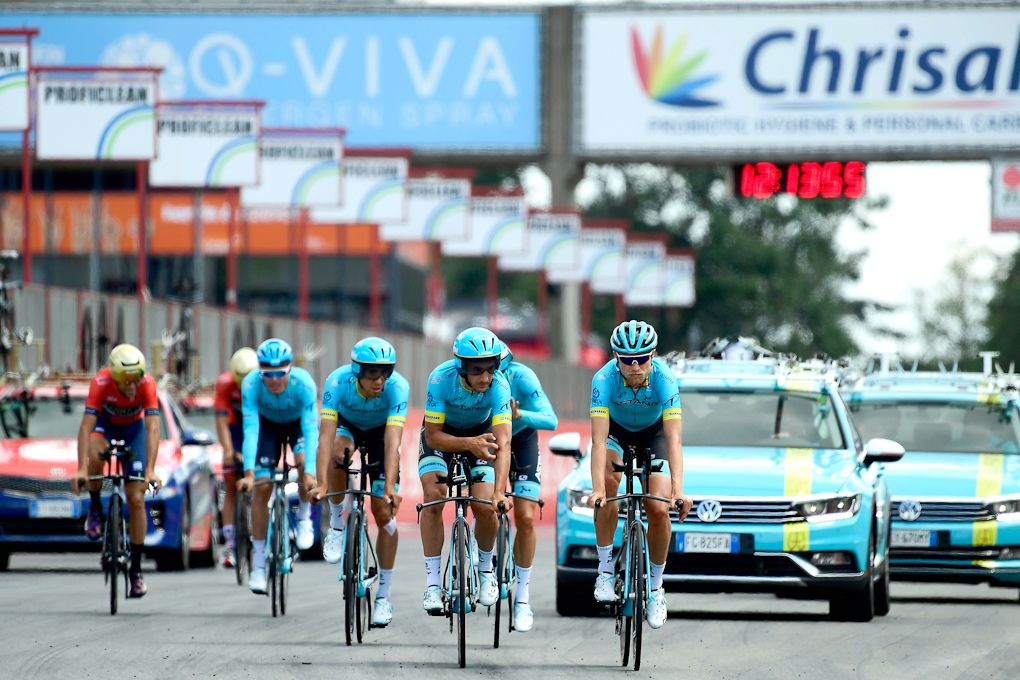 Astana riders finish their effort during team time trial training in Zolder