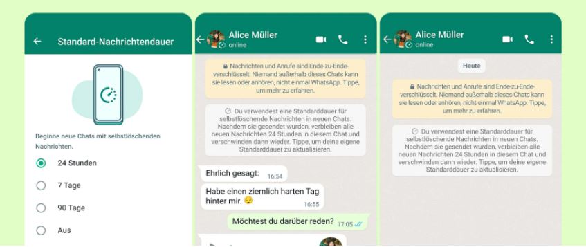 Die neue WhatsApp Funktion in einem Bild erklärt, ein Nachrichtenverlauf ist erkennbar, wobei die Nachrichten am Ende verschwunden sind