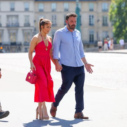 Jennifer Lopez and Ben Affleck are seen strolling near the Louvre Museum on July 24, 2022 in Paris, France.