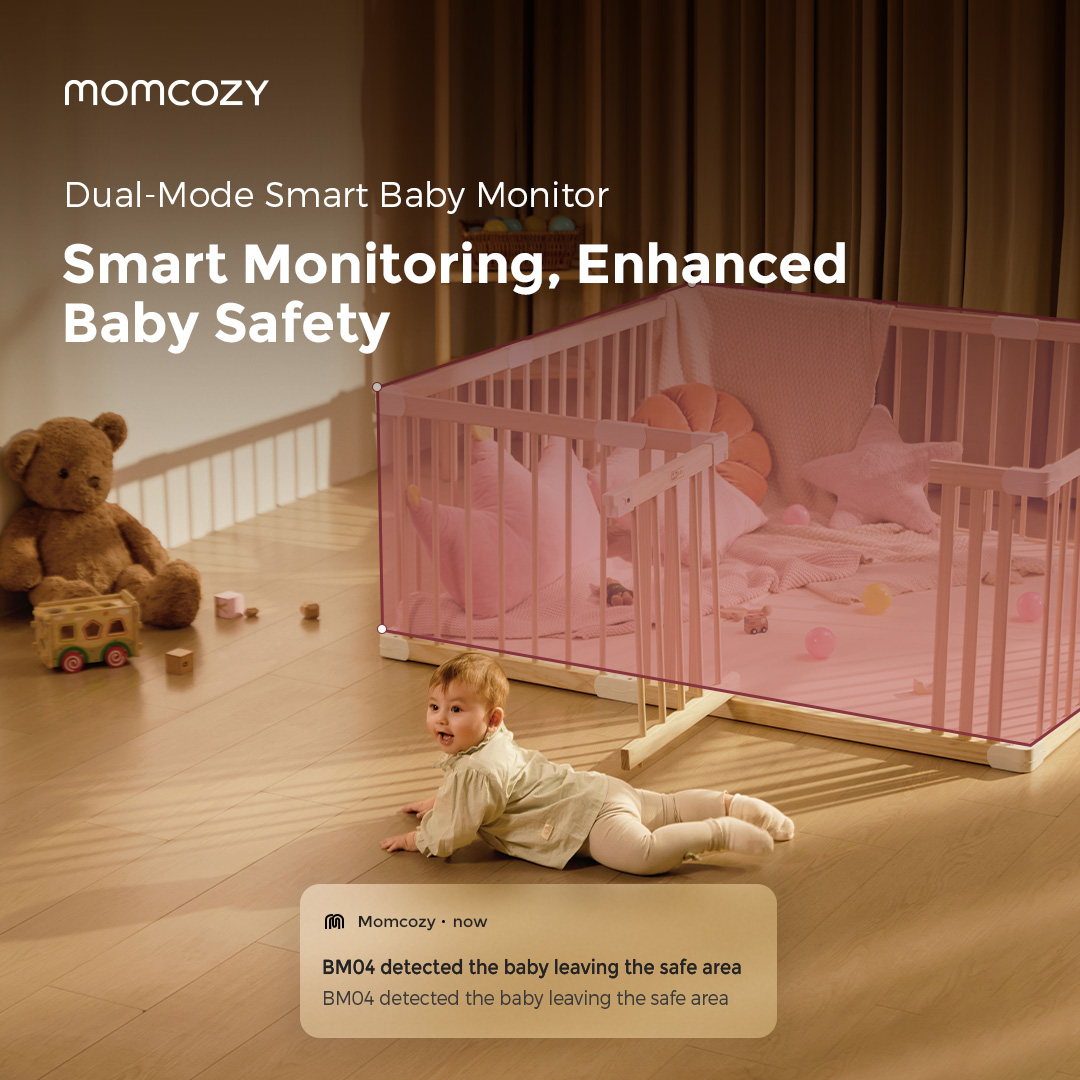 A toddler leaves its playpen area with a notification on the bottom of the image displaying a sample alert from the Momcozy dual-mode smart baby monitor.