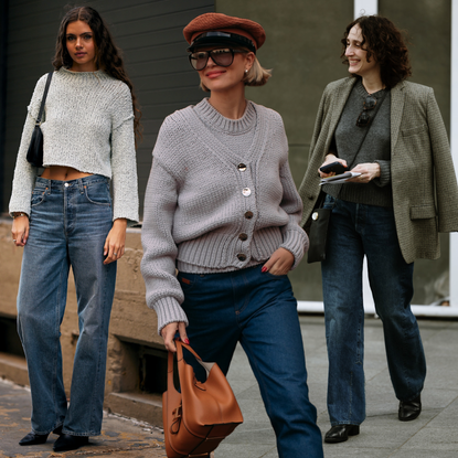 Collage of fashion week attendees wearing sweaters, jeans, and boots 
