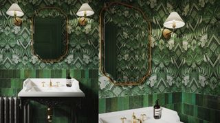 Art deco inspired green wallpaper and wall lights