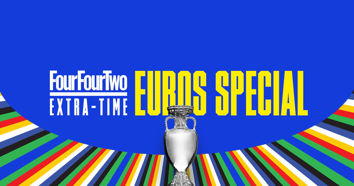 A blue background with the words &#039;FourFourTwo Extra-Time Euros Special&#039; written on top of it to promote the brands Euros newsletter