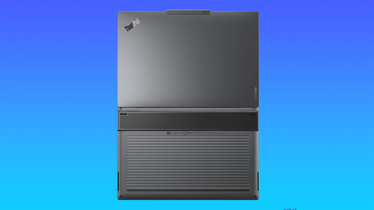 Lenovo ThinkPad X9 15 Aura Edition unfolded showing the lid and bottom with the "engine hub" on a light to dark blue gradient background.