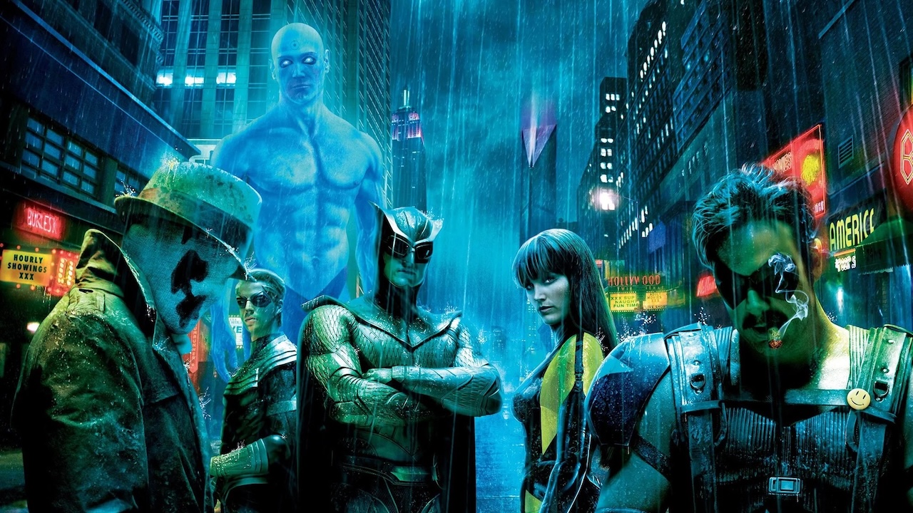 Rorschach, Ozymandias, Doctor Manhattan, Nite Owl II, Silk Spectre II and The Comedian on the Watchmen movie poster