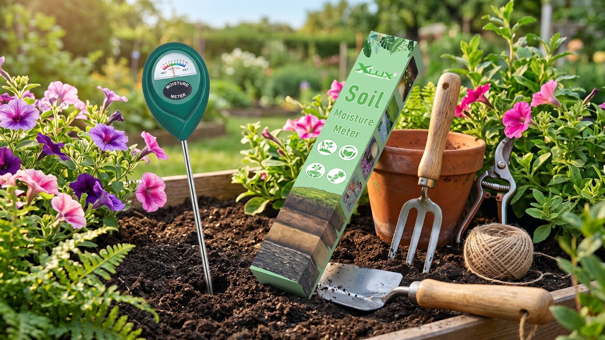 AI-generated image of soil moisture meter being used in garden