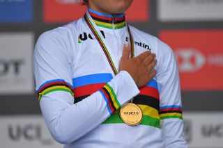 HARROGATE ENGLAND SEPTEMBER 24 Podium Chloe Dygert of The United States Gold Medal Celebration UCI Rainbow World Champion Jersey Detail view during the 92nd UCI Road World Championships 2019 Women Elite Individual Time Trial a 303km Individual Time Trial race from Ripon to Harrogate ITT Yorkshire2019 Yorkshire2019 on September 24 2019 in Harrogate England Photo by Tim de WaeleGetty Images