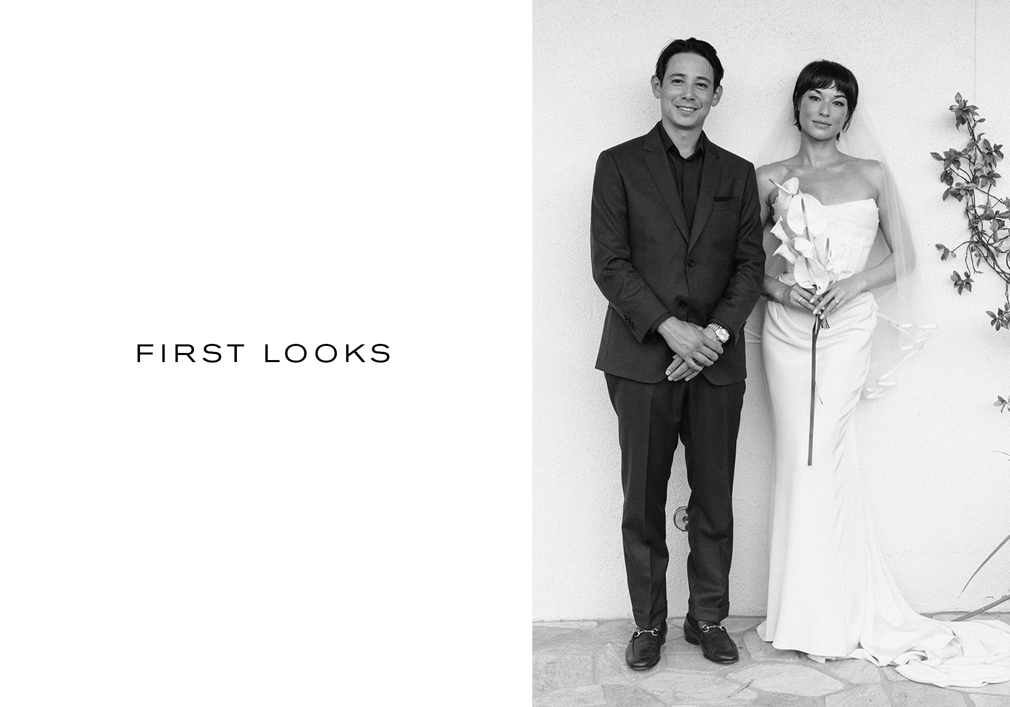 Britni and Sean wearing their wedding outfits next to the words "First Looks."