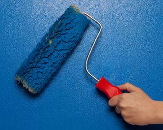 Painting a wall using blue paint and a roller