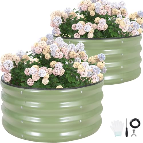 G Good Gain Round Raised Garden Bed - 2pcs 2x2x1ft Galvanized Steel Planter Boxes Outdoor With Rubber Edge Trim | Metal Raised Beds for Gardening Vegetables Flowers Fruits Herbs (olive Green)