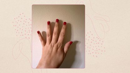 An image of a hand with red painted nails on a beige background with pink swirly clip art