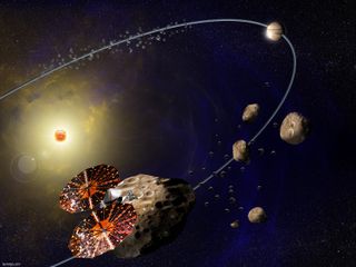 An artist's concept of NASA’s Lucy mission, which will study Jupiter's Trojan asteroids.