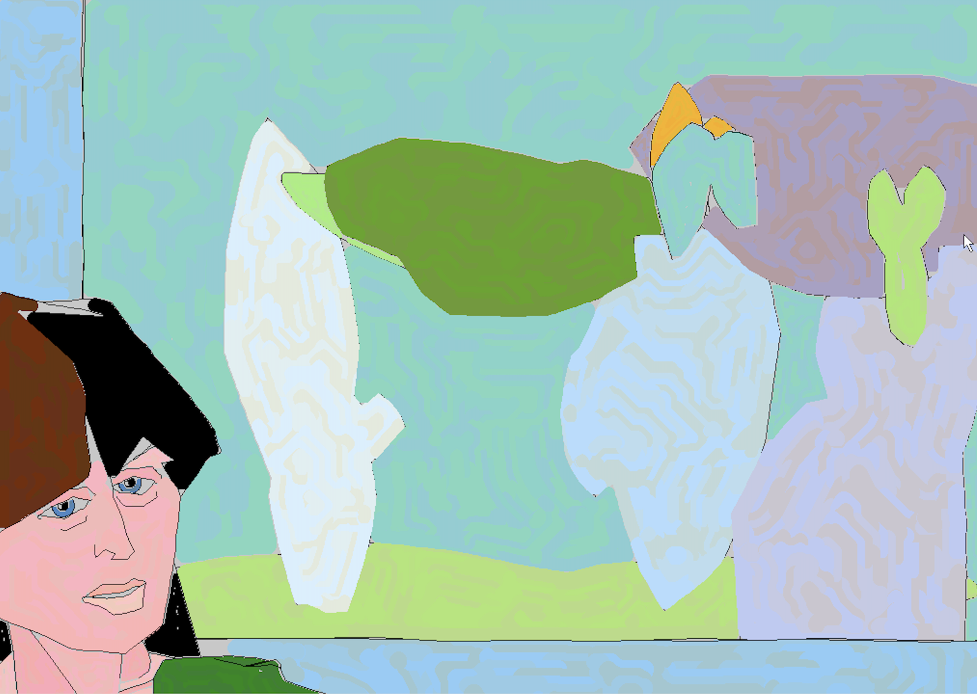 AI artwork of person's face and colourful wall art