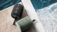 Two versions of the Tribit StormBox Mini+ bluetooth speaker - black and green - sitting poolside