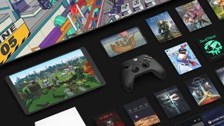 A Xbox controller on a black surface alongside Game Pass art of various games.