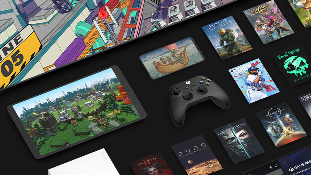 Controlador do Xbox em uma superfície preta ao lado da arte do Game Pass para jogos diferentes.
