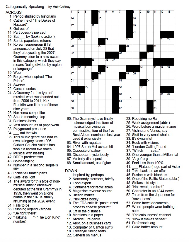 An unsolved crossword puzzle.