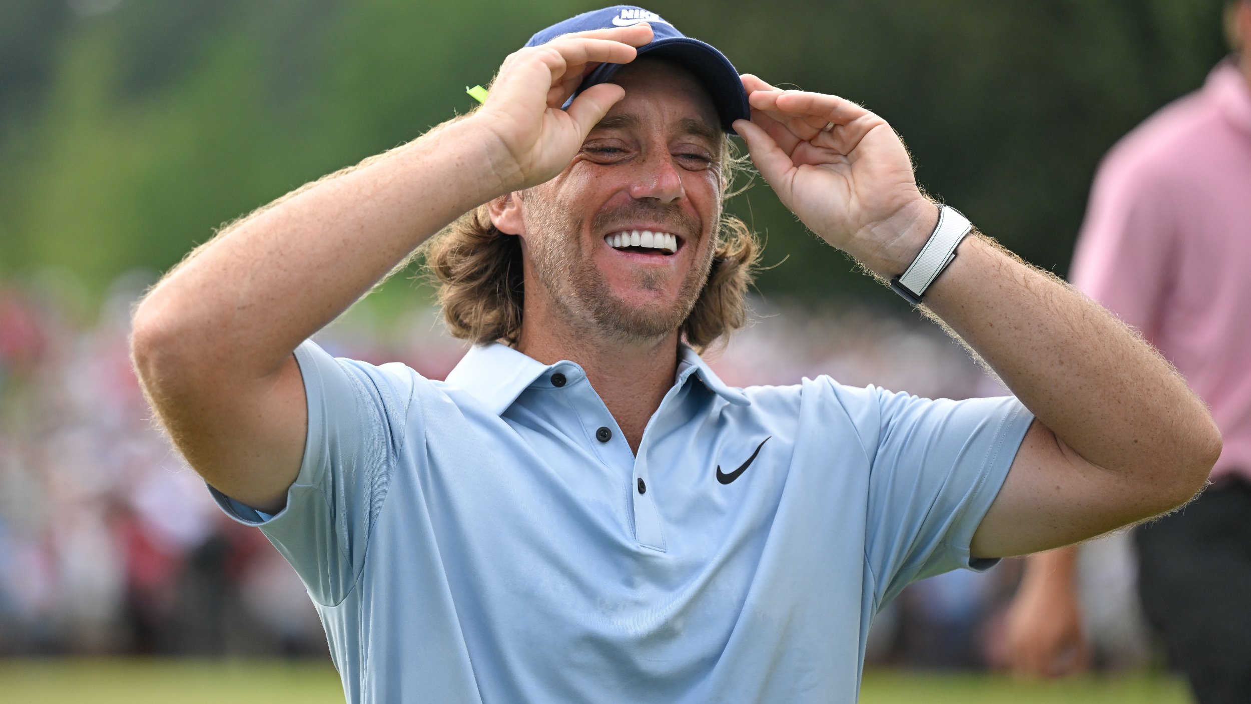 Tommy Fleetwood reacts to winning the Tour Championship