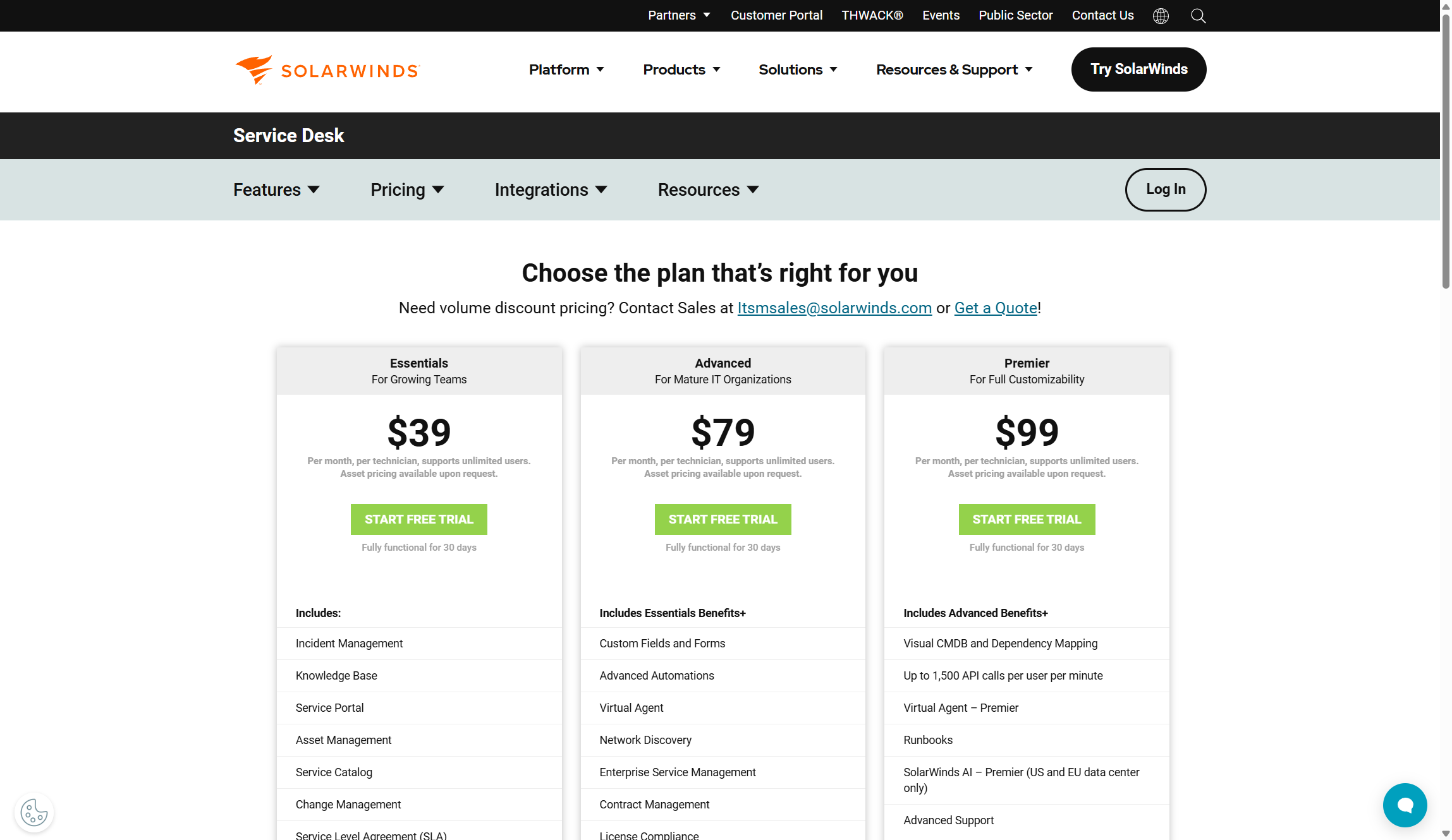 SolarWinds Service Desk plans