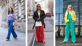 Street style influencers showing shoes to wear with wide leg trousers slingbacks