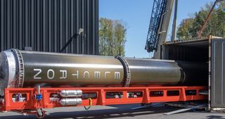 The Electron rocket that will fly Rocket Lab's first-ever mission from the United States arrived at Launch Complex 2 at the Mid-Atlantic Regional Spaceport on Wallops Island, Virginia, on Oct. 12, 2022. 