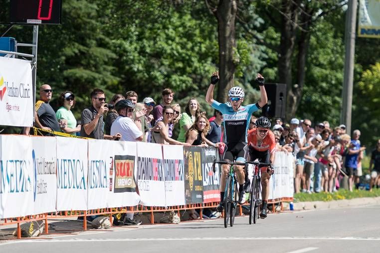 Joseph Schmalz (Elevate Pro Cycling p/b Bicycle World) takes the stage win ahead of Evan Huffman (Rally Cycling) after they broke away on the finishing circuits.