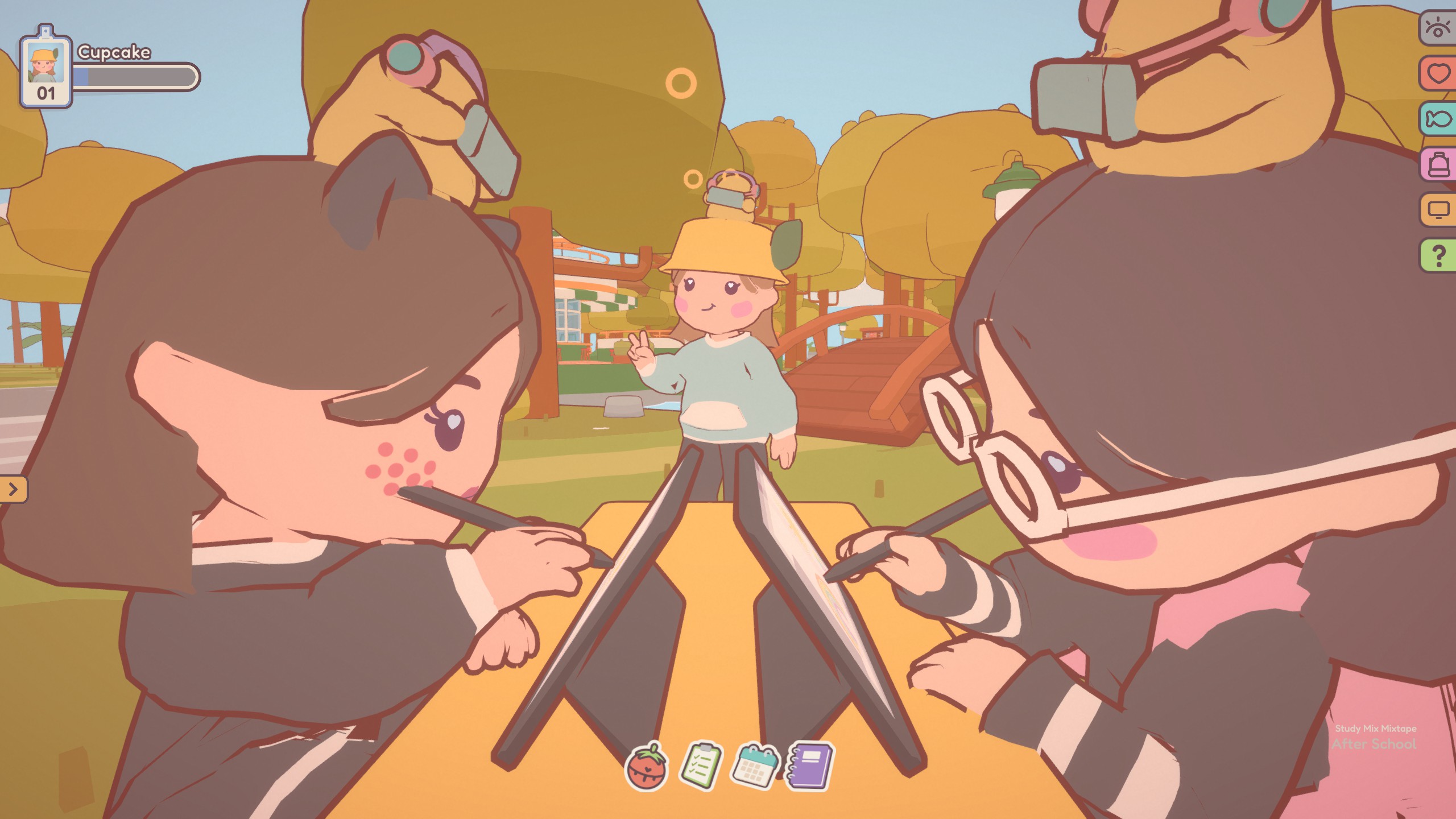 On-Together: Two players draw on tablets at a picnic table while a third player watches.