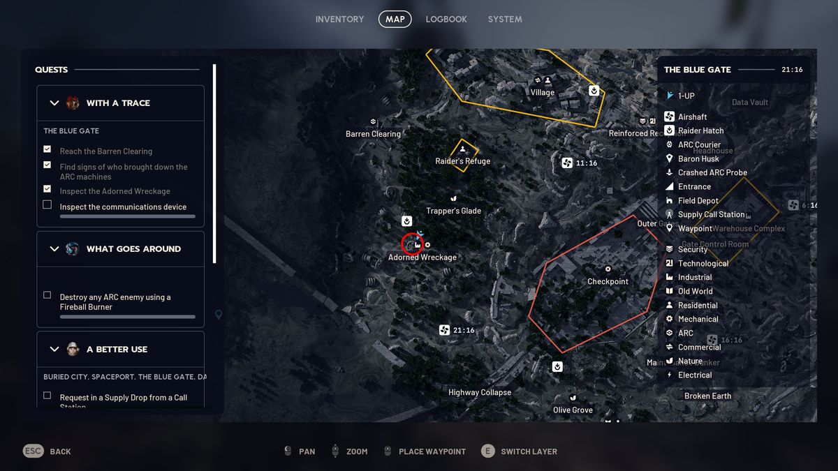 Arc Raiders With a Trace: A map with a red circle showing the location of the communications device in Adorned Wreckage.