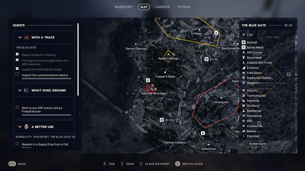 Arc Raiders With a Trace: A map with a red circle showing the location of the communications device in Adorned Wreckage.