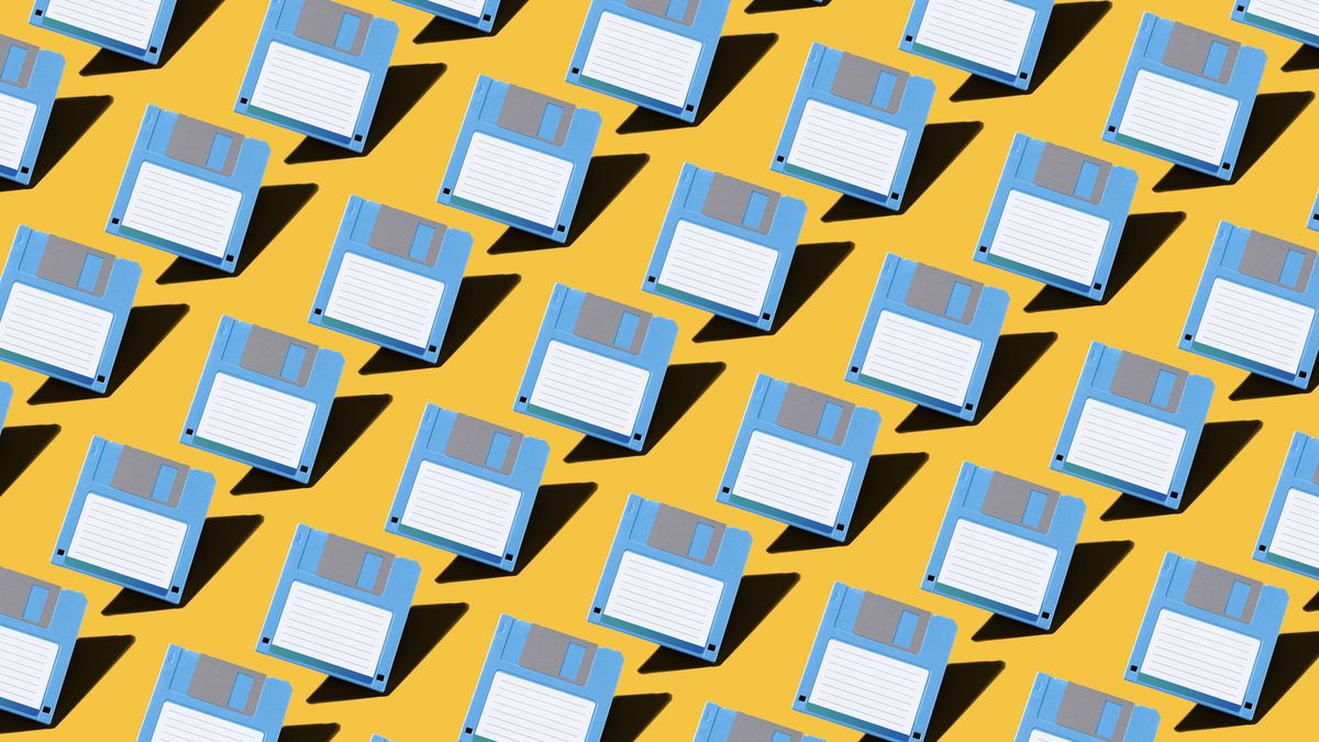 Graphic of several blue floppy disks against a yellow background