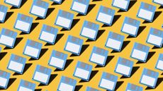 Graphic of several blue floppy disks against a yellow background