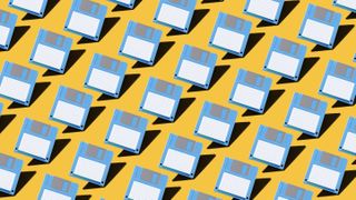 Graphic of several blue floppy disks against a yellow background