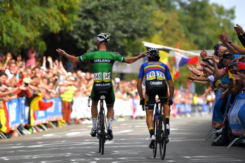LEUVEN BELGIUM SEPTEMBER 26 Ryan Mullen of Ireland waves the crowd during the 94th UCI Road World Championships 2021 Men Elite Road Race a 2683km race from Antwerp to Leuven flanders2021 on September 26 2021 in Leuven Belgium Photo by Luc ClaessenGetty Images
