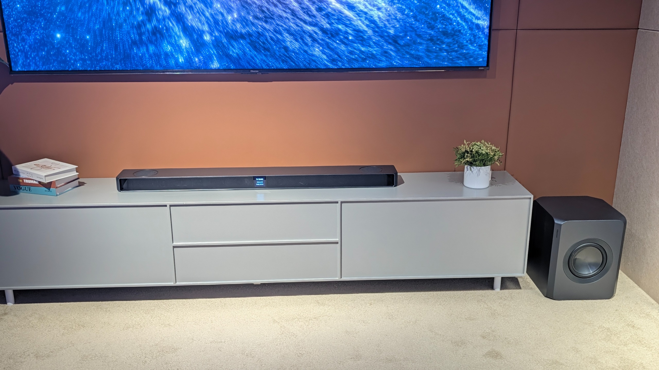 The Hisense UX1 soundbar system, photographed on the show floor at IFA
