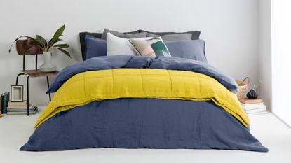 For the best duvet covers MADE.com blue duvet set with yellow throw and cushions lifestyle image