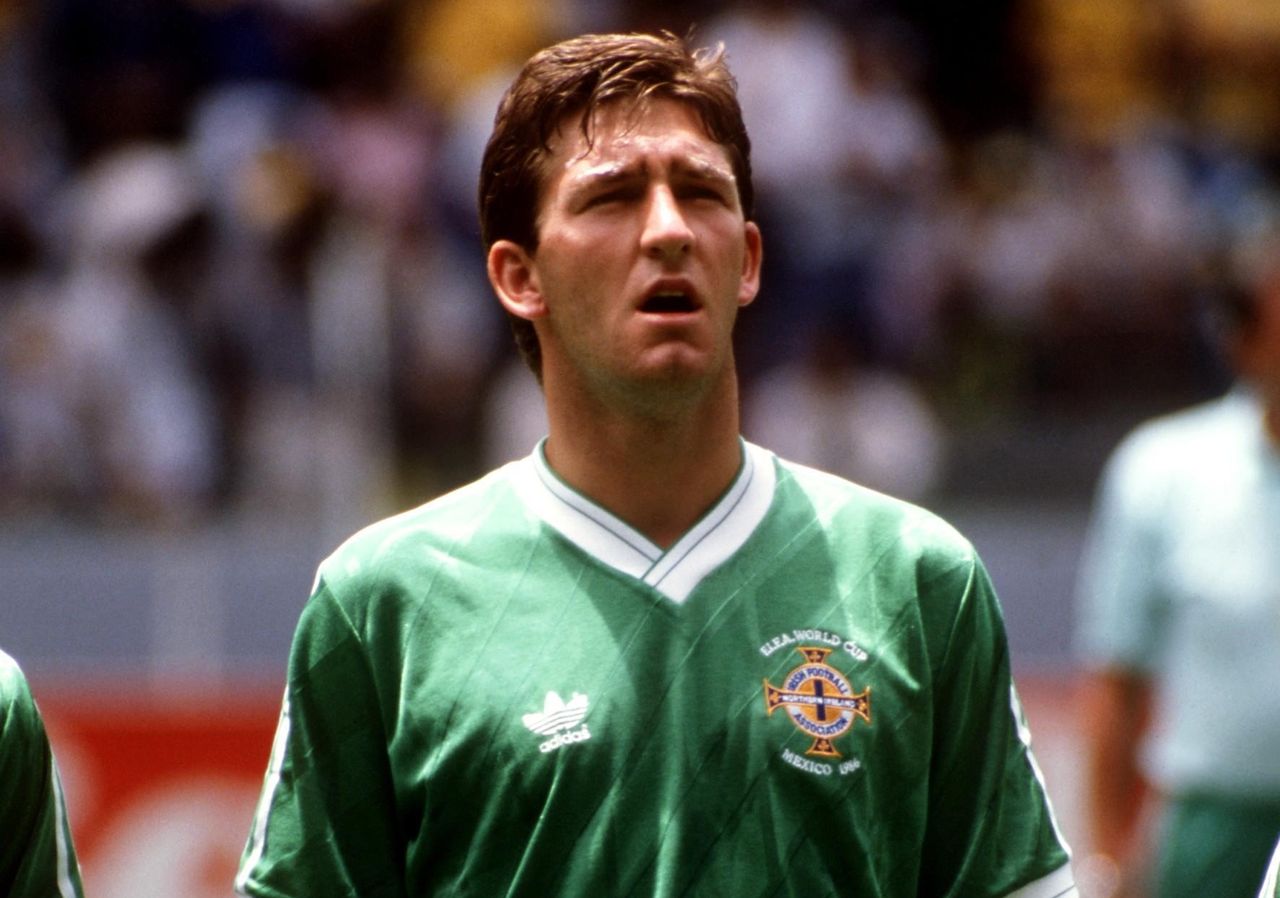 Norman Whiteside of Northern Ireland lines up for the national anthem at the 1986 World Cup