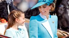 Princess Charlotte of Wales and Catherine, Princess of Wales depart Buckingham Palace in an Ascot Landau horse-drawn carriage during Trooping The Colour 2025 on June 14, 2025