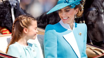 Princess Charlotte of Wales and Catherine, Princess of Wales depart Buckingham Palace in an Ascot Landau horse-drawn carriage during Trooping The Colour 2025 on June 14, 2025