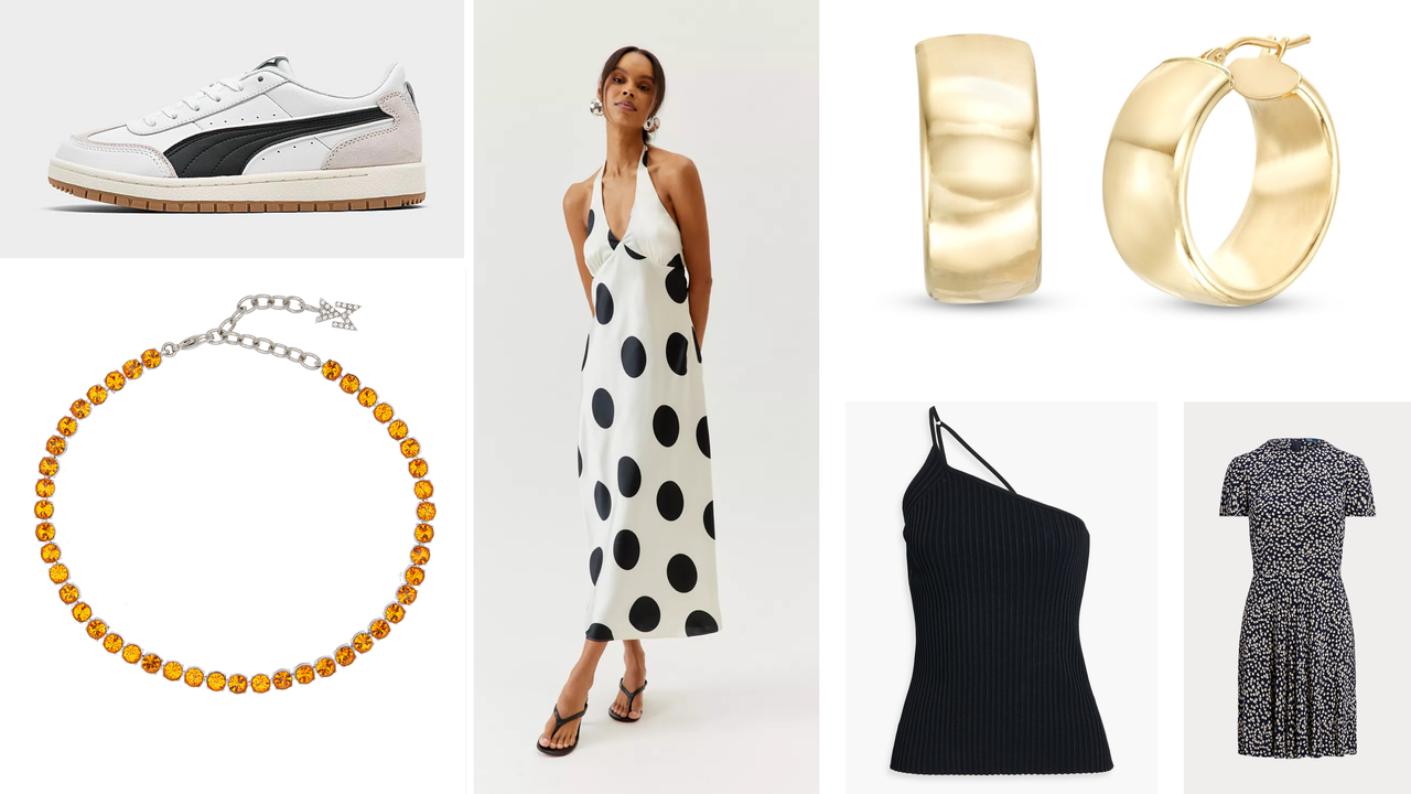 product collage of amina muaddi anklet, puma sneakers, ralph lauren floral dress, chloe purse, helmut lang tank top, gold hoop earrings, polka dot dress