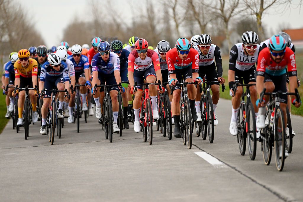 KOKSIJDE BELGIUM MARCH 17 LR Edward Theuns of Belgium and Team Trek Segafredo Pascal Ackermann of Germany and UAE Team Emirates and Juan Sebastian Molano Benavides of Colombia and UAE Team Emirates cduring the 21th Bredene Koksijde Classic 2023 a 1916km one day race from Bredene to Koksijde on March 17 2023 in Koksijde Belgium Photo by Luc ClaessenGetty Images
