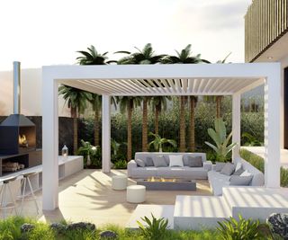 modern pergola covering patio with furniture