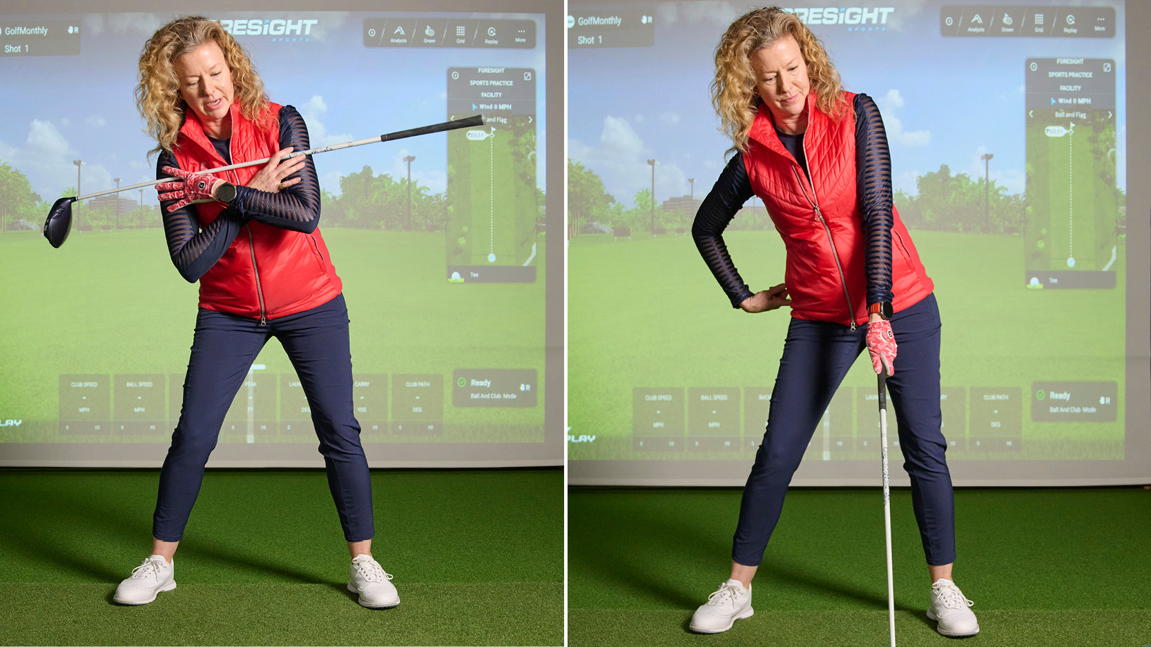 Katie Dawkins demonstrating driver set-up