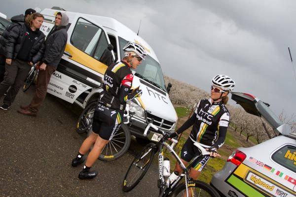 The HTC-Highroad crew prepares for a fast and sodden day.