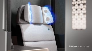 Devialet and Safran's Euphony airline seat, with graphics to display audio coming from the airline seat's inbuily speakers and Devialet branding