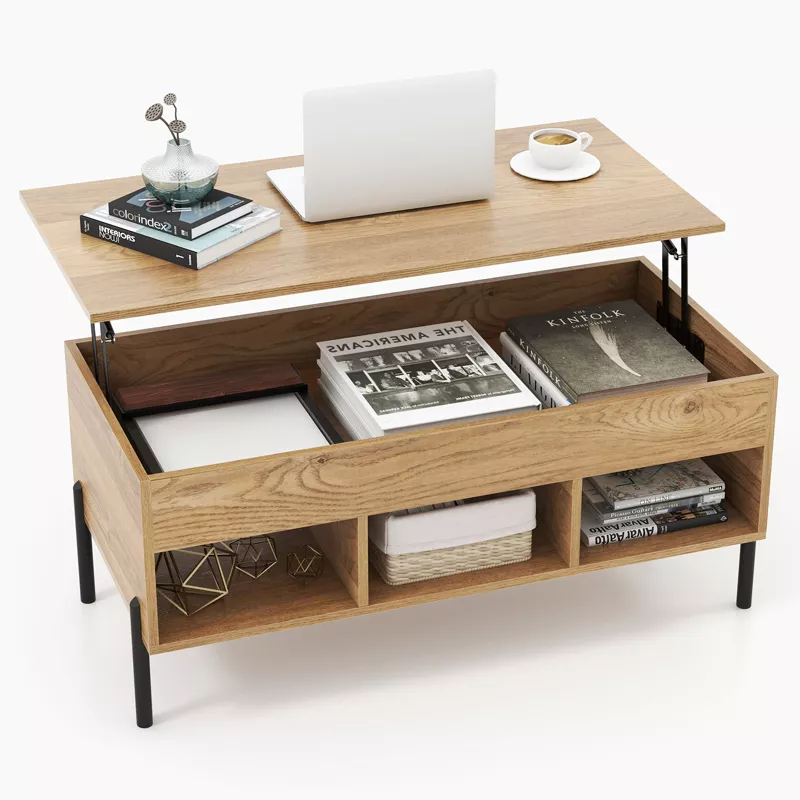Tangkula Lift Top Coffee Table With Metal Legs Rising Center Table With Hidden Compartment & 3 Open Cubbies Multifunctional Dining Working Table