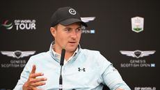 Jordan Spieth of the United States talks to the media during a press conference prior to the Genesis Scottish Open at The Renaissance Club