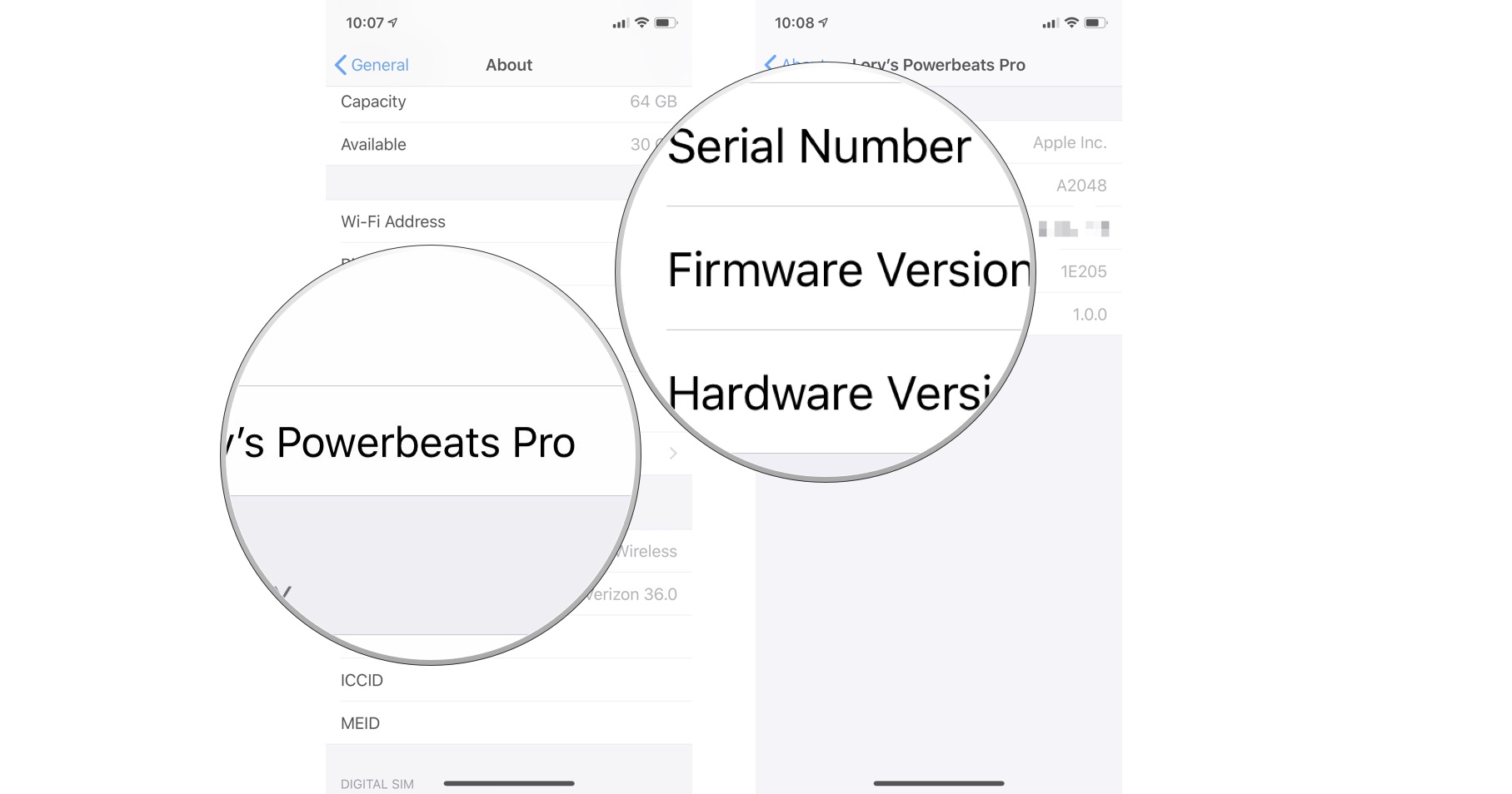 Tap your Powerbeats Pro to see its detailed information like firmware and serial number