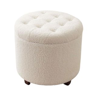 Round white boucle storage ottoman