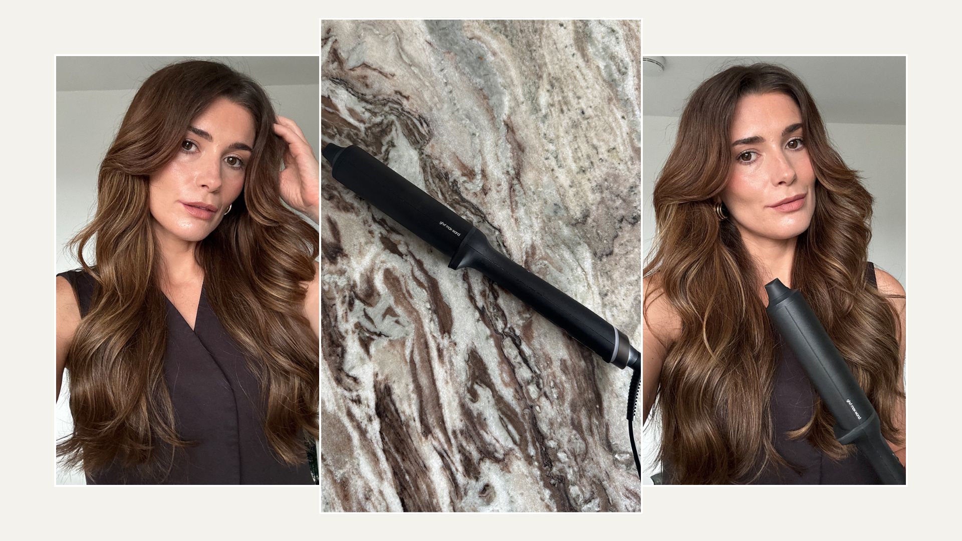 A collage of beauty editor Eleanor Vousden testing the GHD Chronos Curve Max curling wand