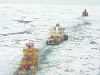 The Arctic drilling expedition 302 fleet during the transit north, the Sovetskiy Soyuz leading, the Oden following, and the drillship Vidar Viking in the rear.